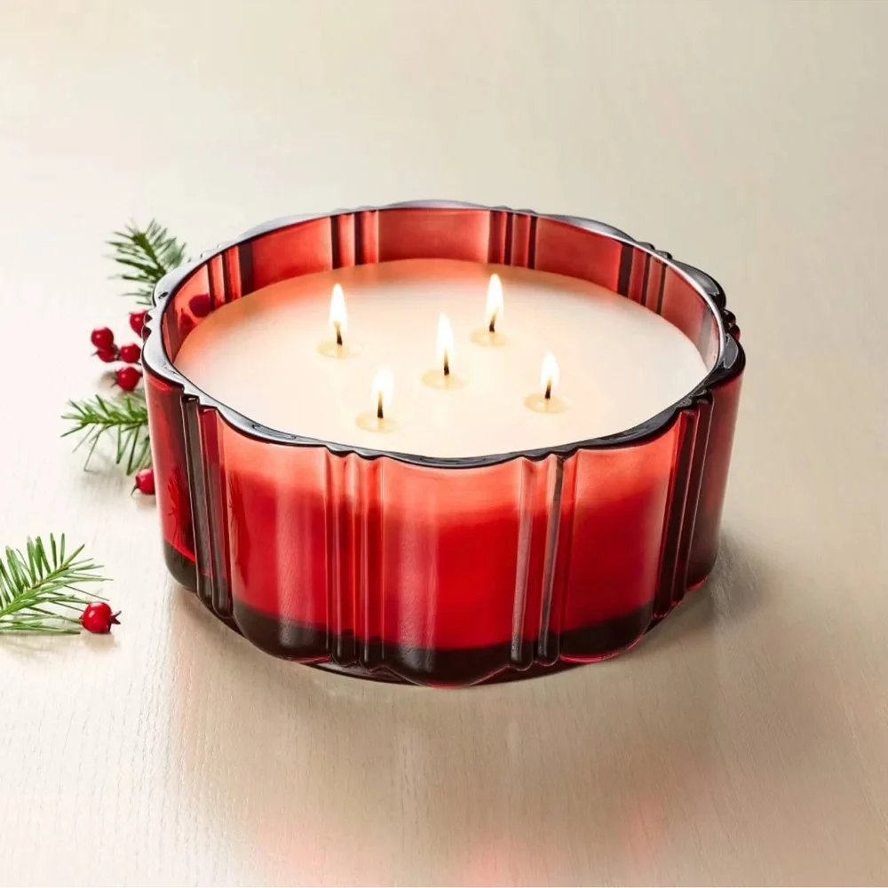 Hearth & Hand Red Glass Candle Balsam Berry XL 5 Wick Scalloped Christmas Target
